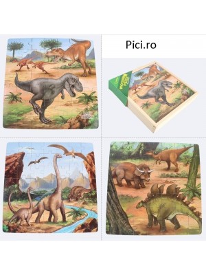 3 Puzzle Din Lemn In Cutie De Lemn 3 In 1 Dinozaurii