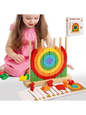 Puzzle 3D tip Montessori, din lemn, cu inele curcubeu, cu 54 de piese